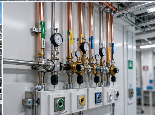 Manifold técnico de gases clínicos con válvulas y manómetros